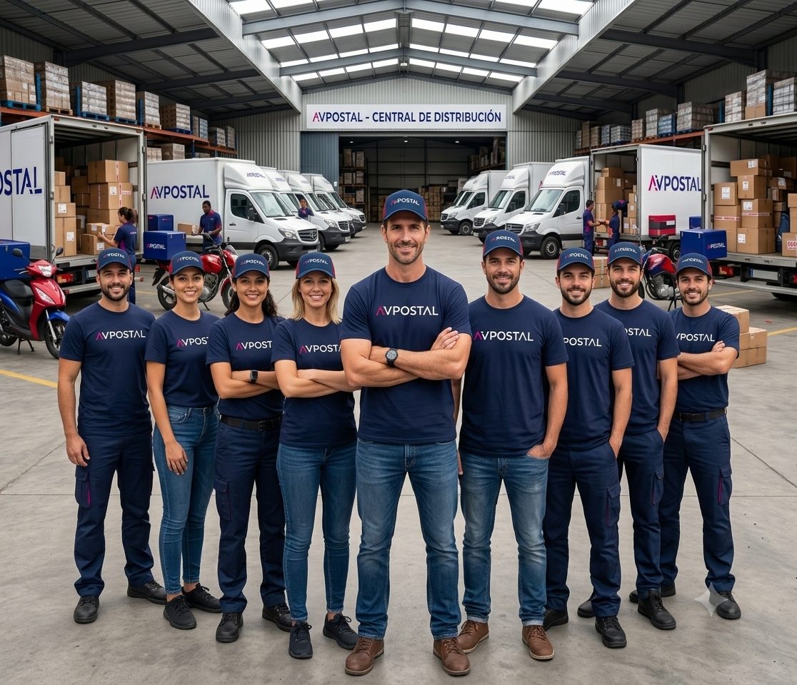 Equipo de AV POSTAL en la central de distribución, junto a la flota de camionetas y motos